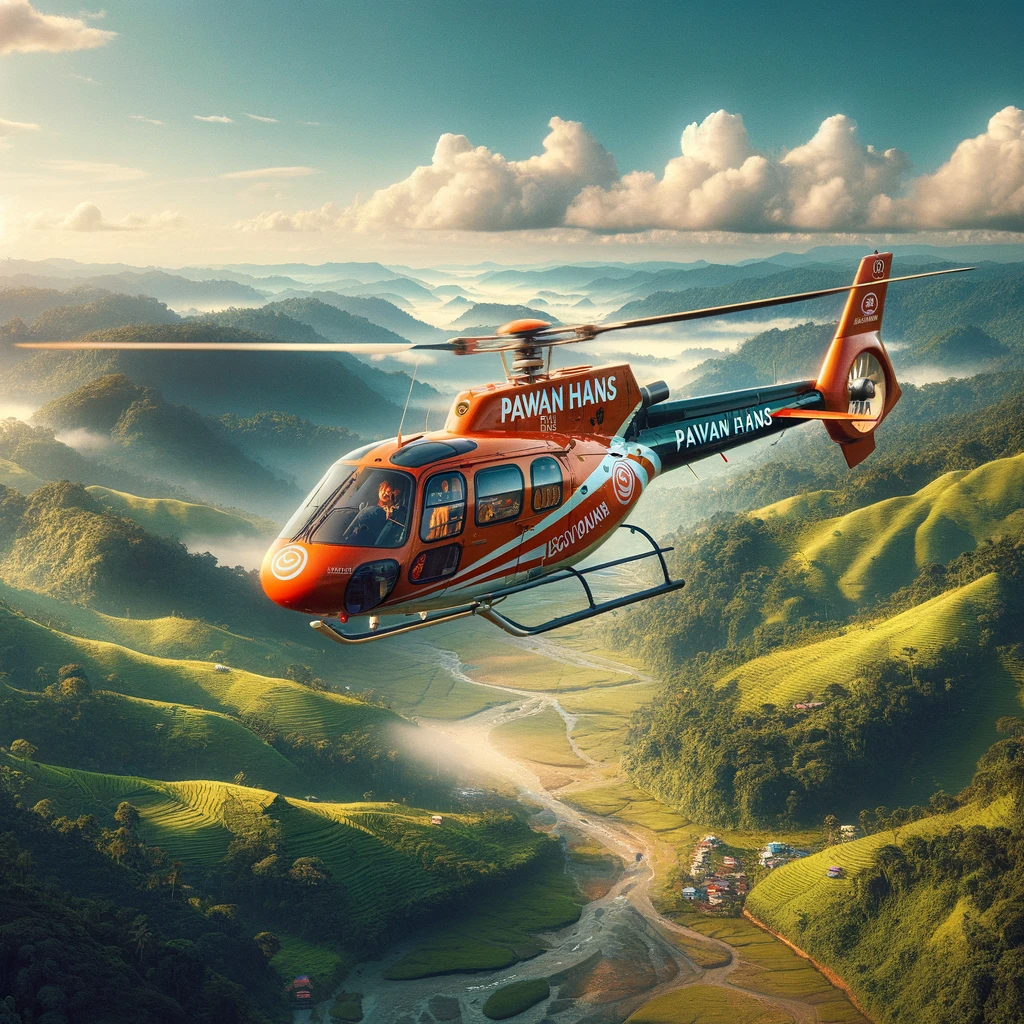 A Pawan Hans helicopter flying over the picturesque landscape of North-east India, showcasing the Pawan Hans logo on the helicopter, with lush green h