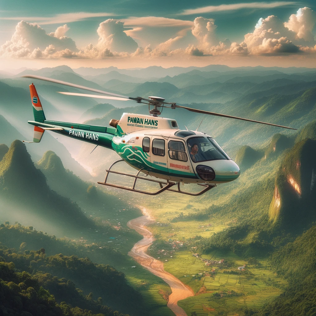 A Pawan Hans helicopter flying over the picturesque landscape of Northeast India, showcasing the airline's logo on the helicopter, with lush green mou