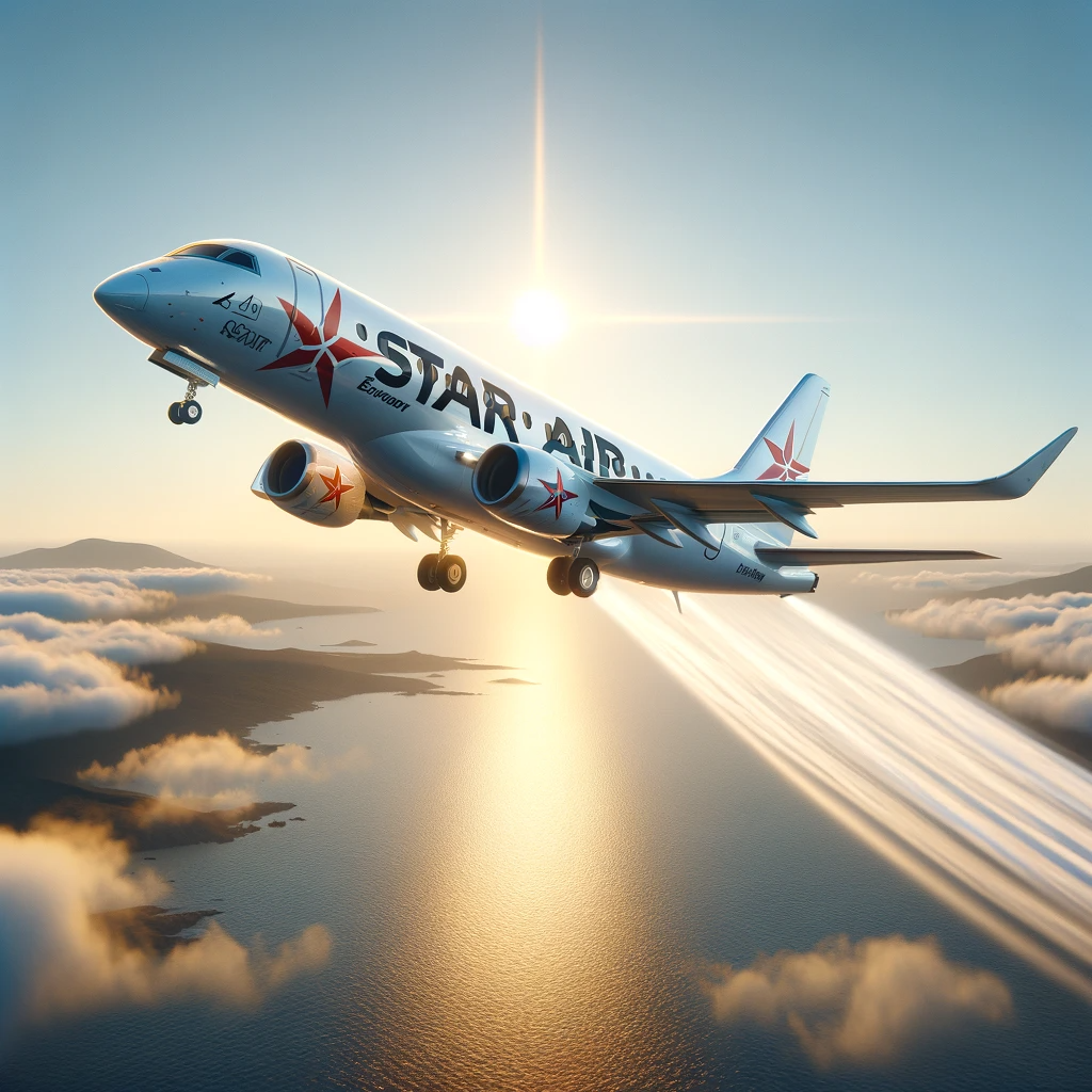 A Star Air Embraer aircraft taking off with the logo visible, set against a backdrop of a clear sky and the sun shining on the horizon, symbolizing a