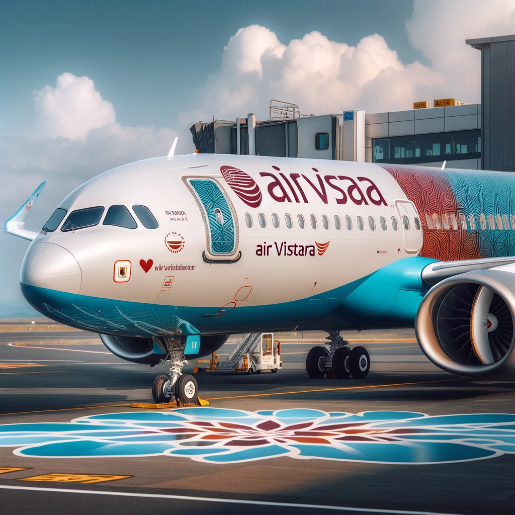 An Air Vistara Airlines airplane parked at the airport during the daytime, showcasing the airline's sleek design and distinctive logo, with clear blue