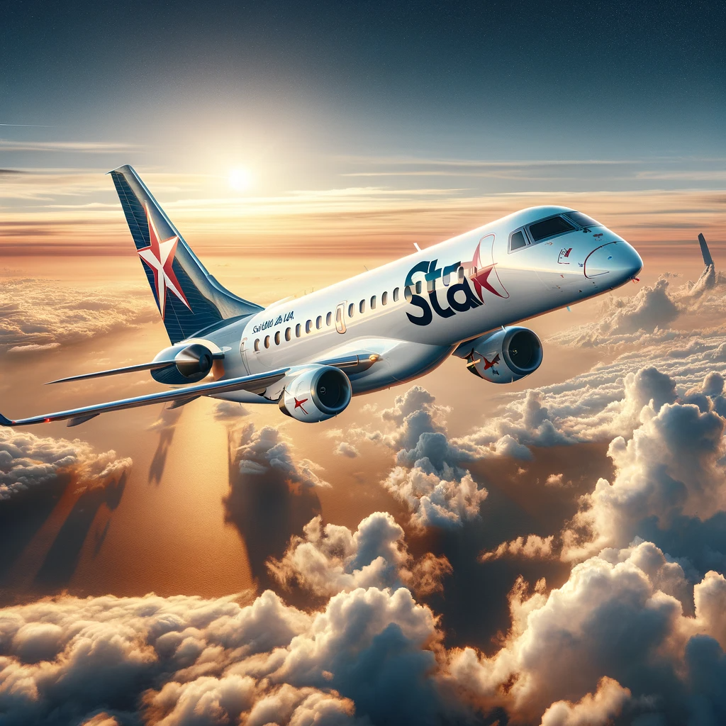 An Embraer ERJ 145LR aircraft from Star Air flying above the clouds during sunset, showcasing the airline's logo prominently on the tail and the aircr